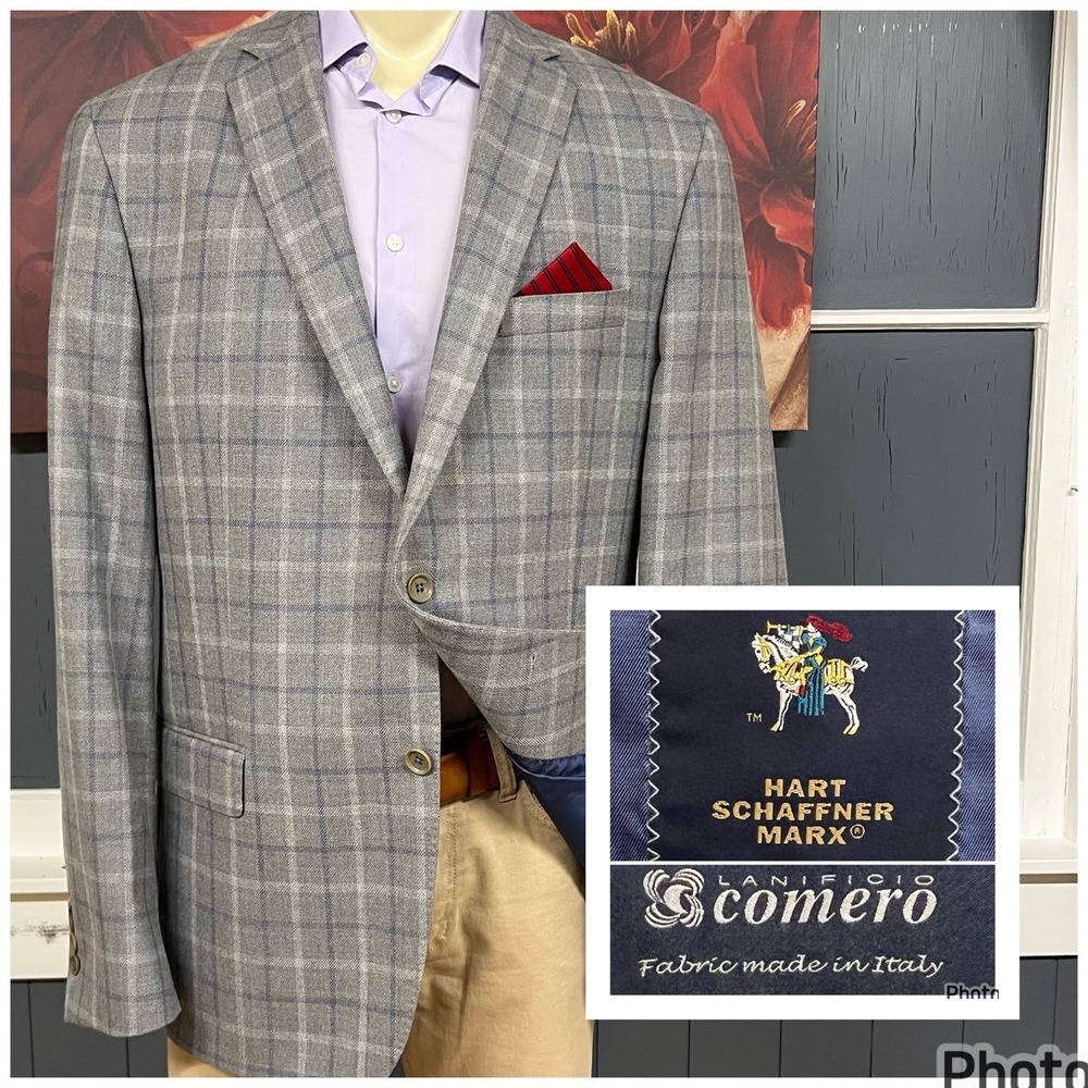 Hart Schaffner Marx Blazer Jacket Sport Coat Mens 44L Long Wool Gray/Blue